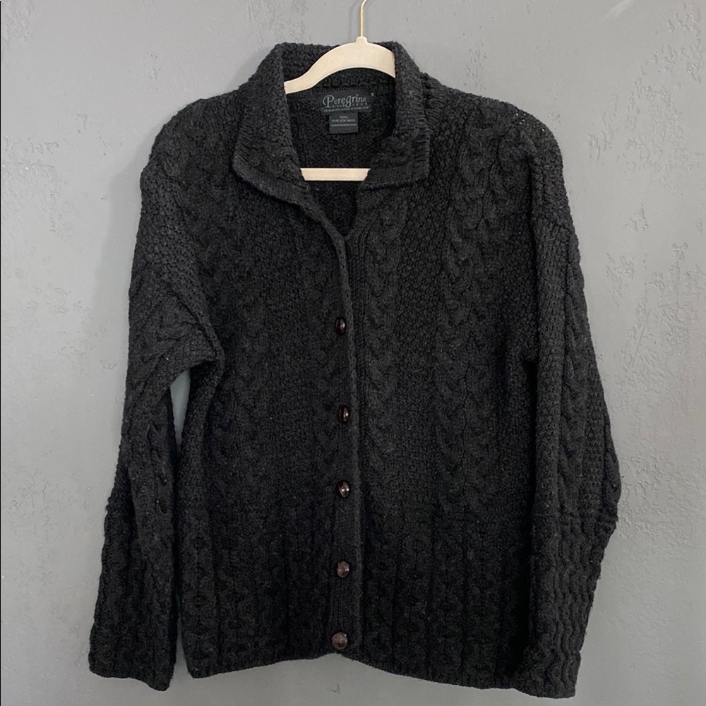 Peregrine100% Wool Charcoal Cable Knit Button Front Cardigan Sweater